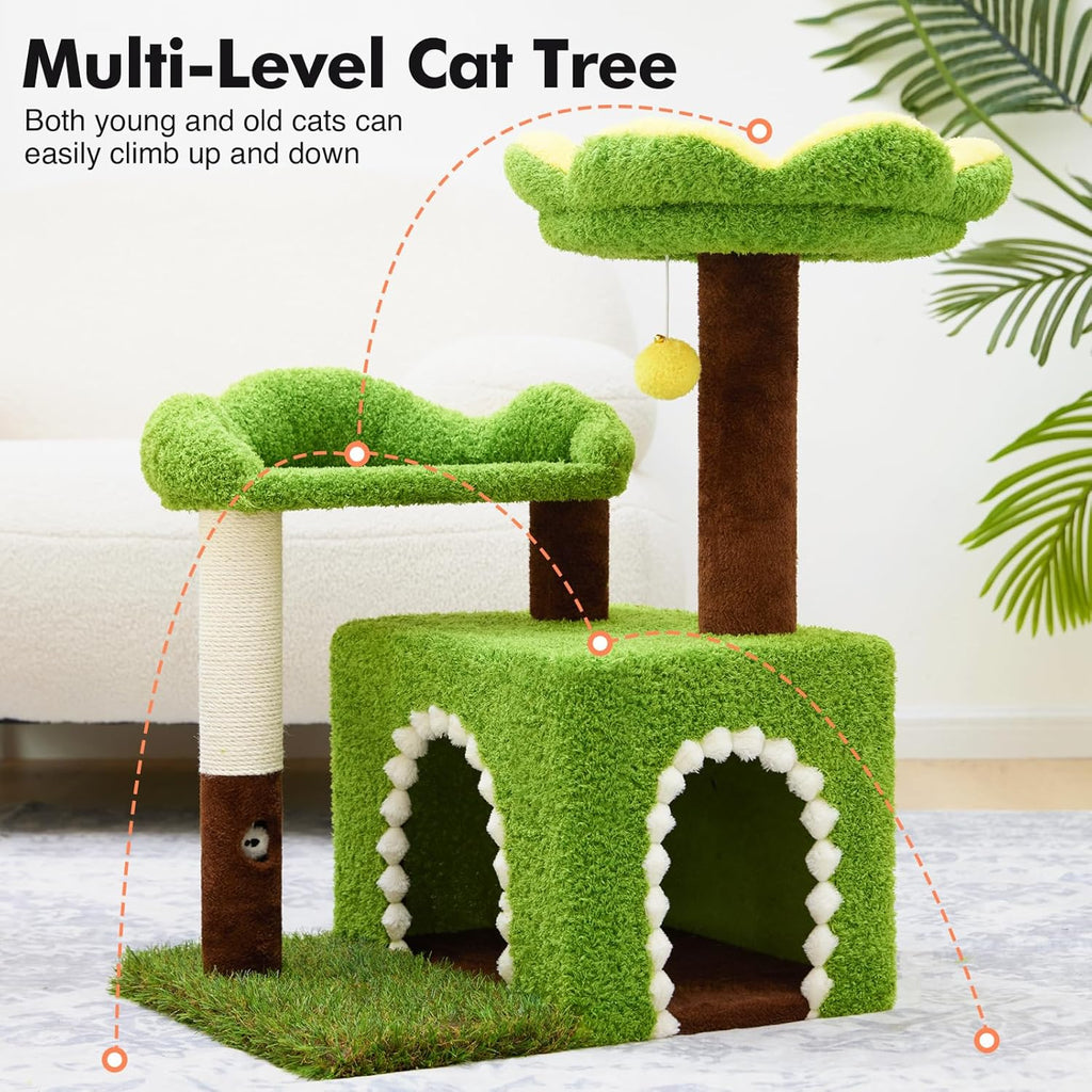 WOOCHPET Sunflower Short Cat Tree with Cat Scratching Posts Small Cat Tower