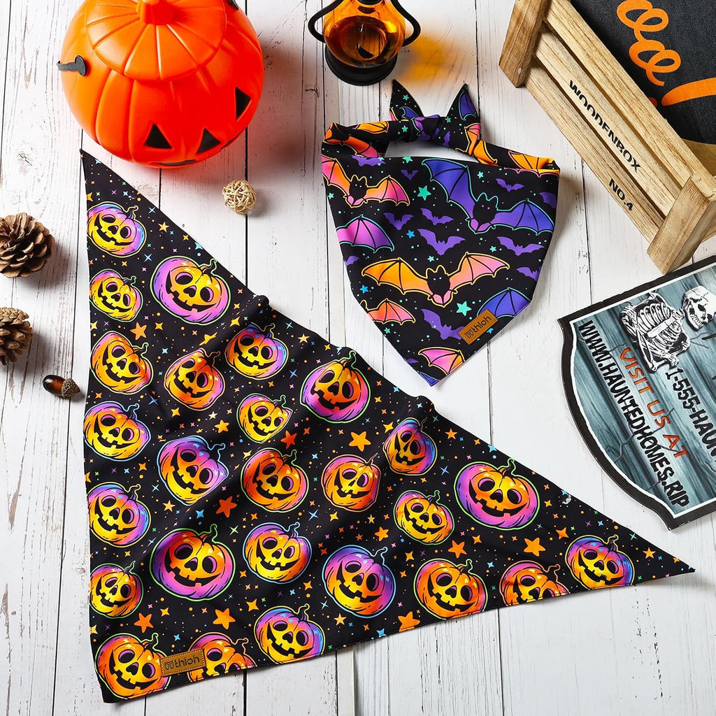 Halloween Dog Bandanas - 2 Pack Reversible Pumpkin and Bat Pet Scarf for Boys and Girls | Fall Dog Bibs | Premium Durable Fabric | Holiday Dog Bandana for Medium and Large Dogs (Large)
