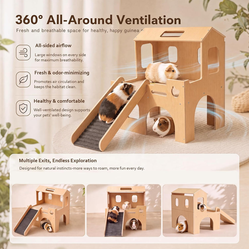 Guinea Pig Hideout with Ramp,2-Level Wooden Guinea Pig House for Small Pets