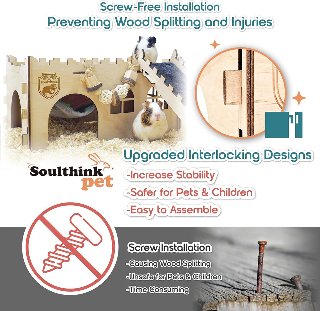 SoulThink® Large Guinea Pig Hideout & House - Easy to Assemble Wooden Guinea Pig Castle with Hammock, Ramp and Toys Accessories Habitat Suitable for Hamsters and Chinchilla