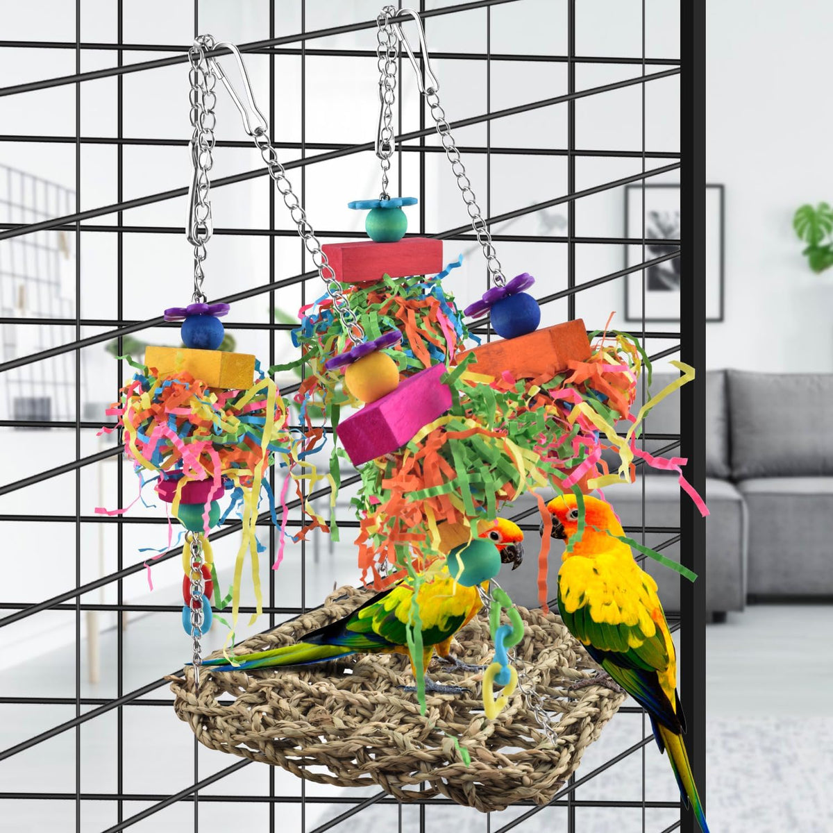 KATUMO Conure Toys, Bird Grass Swing Mat Parrot Climbing Hammock with Colorful Toys for Parakeet, Cockatiel, Sun Conure, Lovebird, Budgie, Small Birds (Pack of 2)