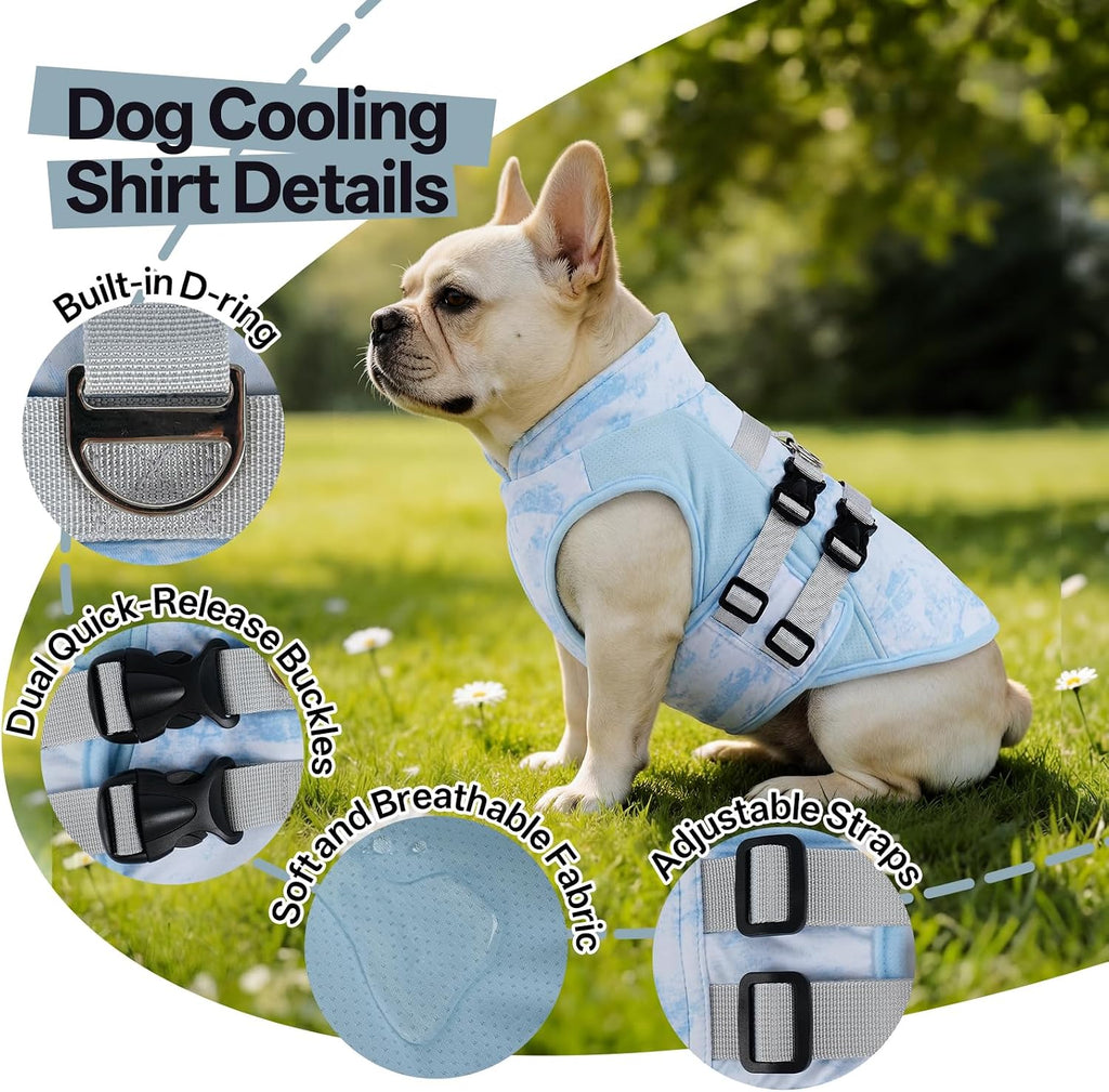 DORA BRIDAL Dog Cooling Vest for Summer, Lightweight Breathable Mesh Cooling Jacket with Harness, Soft Pet Cooler Shirt for Frenchie, UV Protection for Beach Hiking Walking -M, Blue