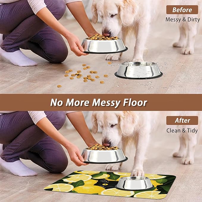 Black Cat Funny Dog Food Mat for Floors, Lemon Absorbent Pet Food and Water - Image 5