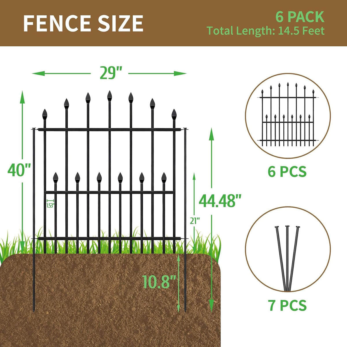 Decorative Garden Fence Outdoor - 40in(H) x 14.5Ft(L) Heavy Duty Metal Garden Decor Fencing Border Animal Barrier No Dig Rustproof for Rabbit Dog Yard & Patio Flower Bed (6 Panels + 7 Stakes)