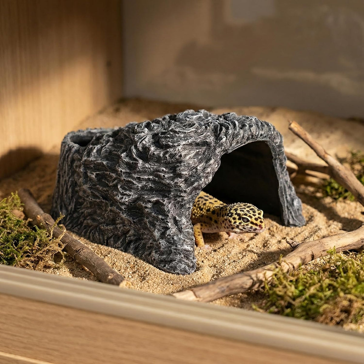 Extra Large Reptile Hideouts Cave, Resin Tortoise Hide Cave, Rock Basking Habitat Decor for Bearded Dragon, Leopard Gecko, Snake, Turtle, Lizard, Frog, Terrarium Aquarium Hideout(Large Size)