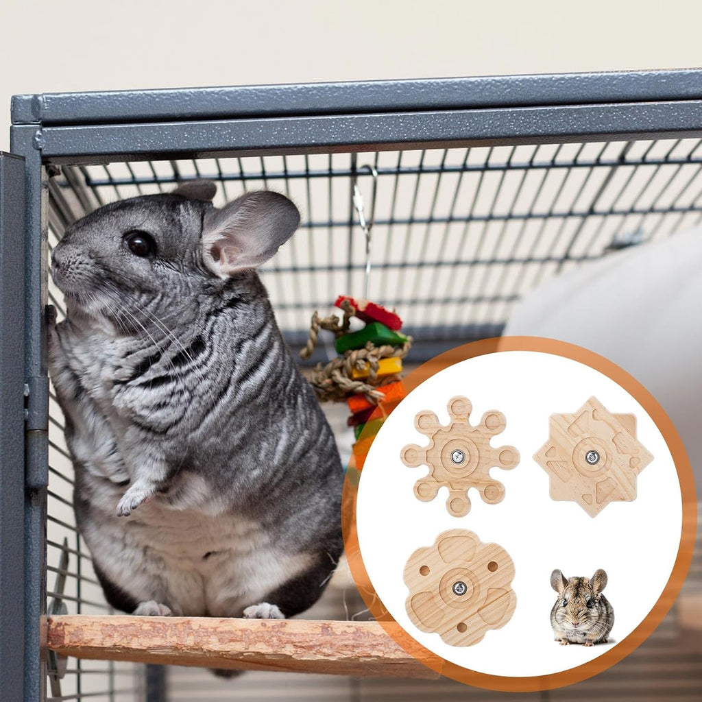 BOXOB 3pcs Rotating Chinchilla Toy, 3 Styles Wooden Chinchilla Chew Toy for Teeth Hanging Interactive Pet Toys Cage Accessories for Guinea Pig Hamsters Gerbil Rat Rabbit