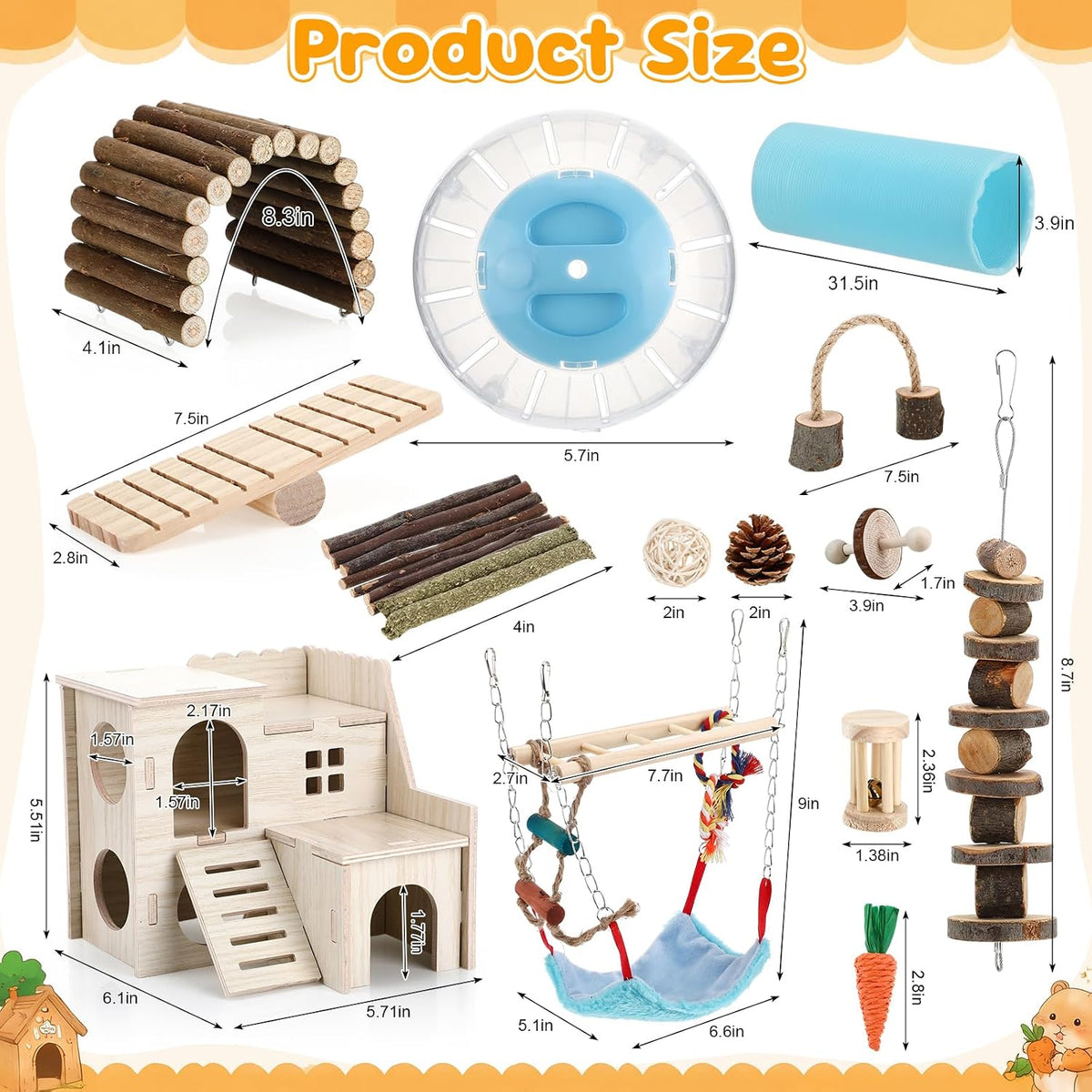 Foilswirl 17 Pcs Hamster Cage Accessory Set, Hamster Toys with Wooden House, Tunnel, Bridge, Natural Chew Toys, Playground Kit for Hamsters, Gerbils, Small Animals