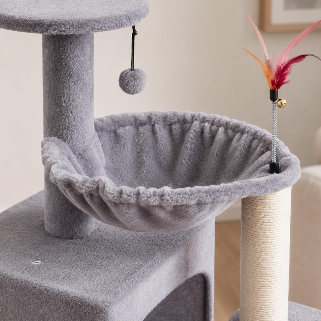 HUITREE 45.3" Tall Cat Tower, Multi Level Cat Tree with Cat Condo, Hammock, and Natural Sisal Scratching Posts & Scratch Pad (338G)