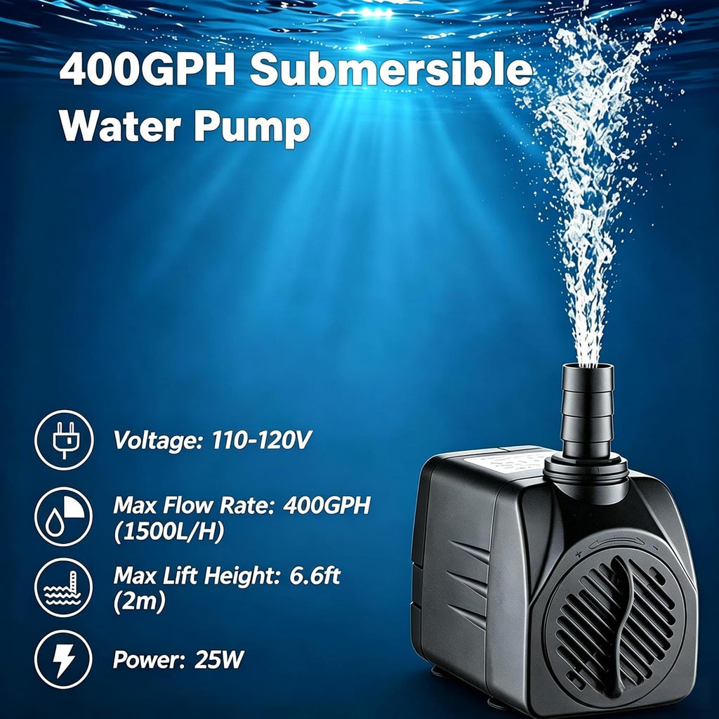 400GPH Quiet Submersible Water Pump for Aquariums Fountains with 3 Nozzles