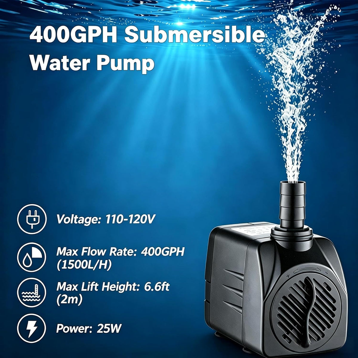 400GPH Quiet Submersible Water Pump for Aquariums Fountains with 3 Nozzles