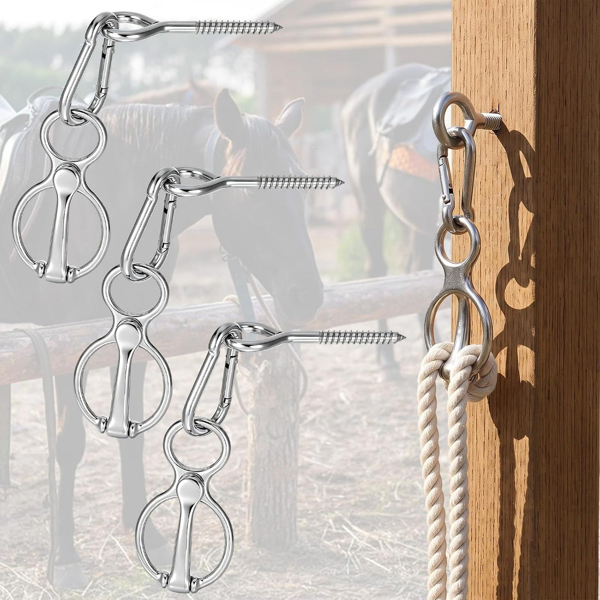 3Pcs Horse Tie Ring, Silver Carbon Steel with Eye Bolt & Swivel Snap Hook