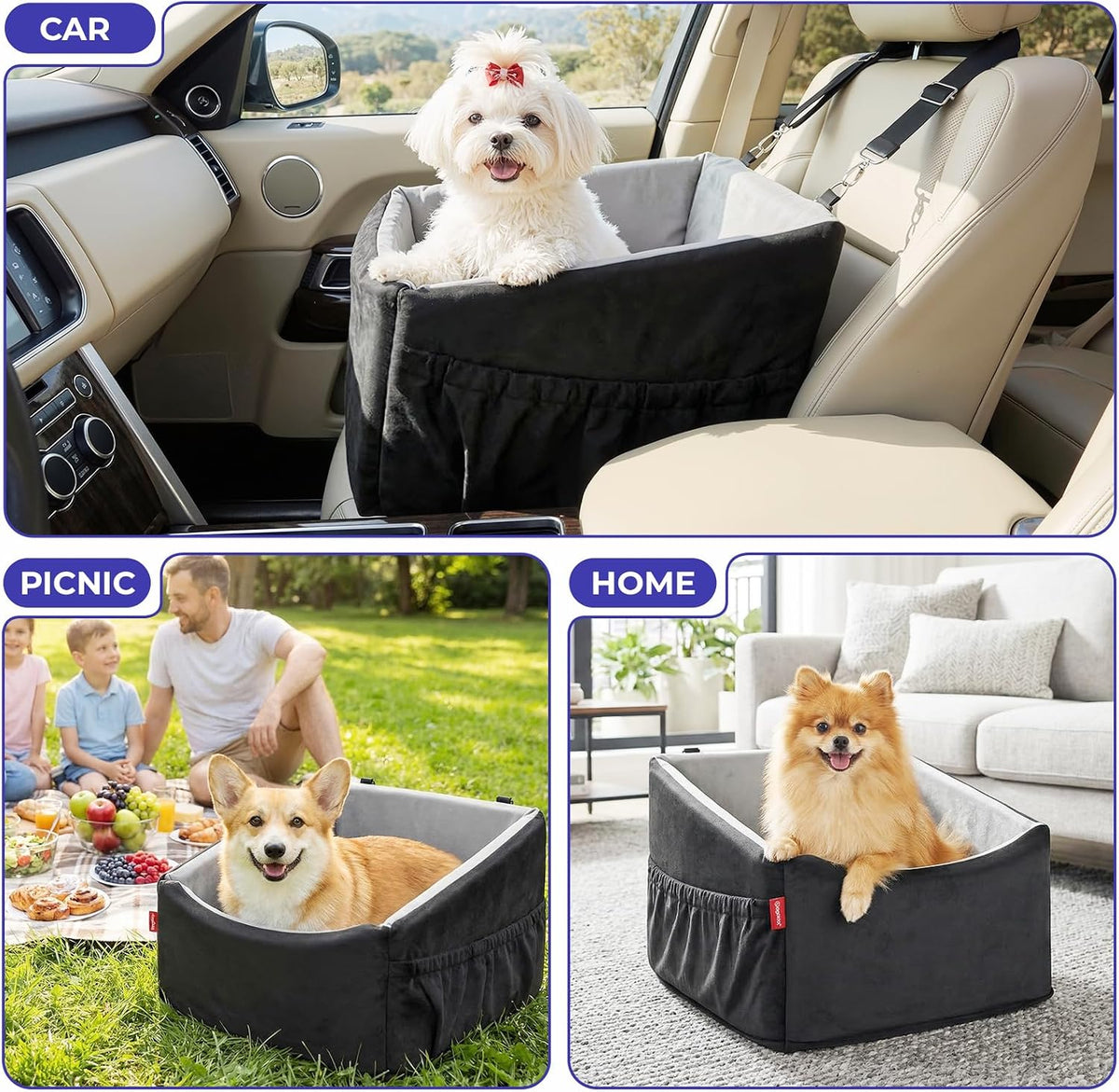 BurgeonNest Small Dog Car Seat for Dogs Up to 25 lbs (Black Grey)