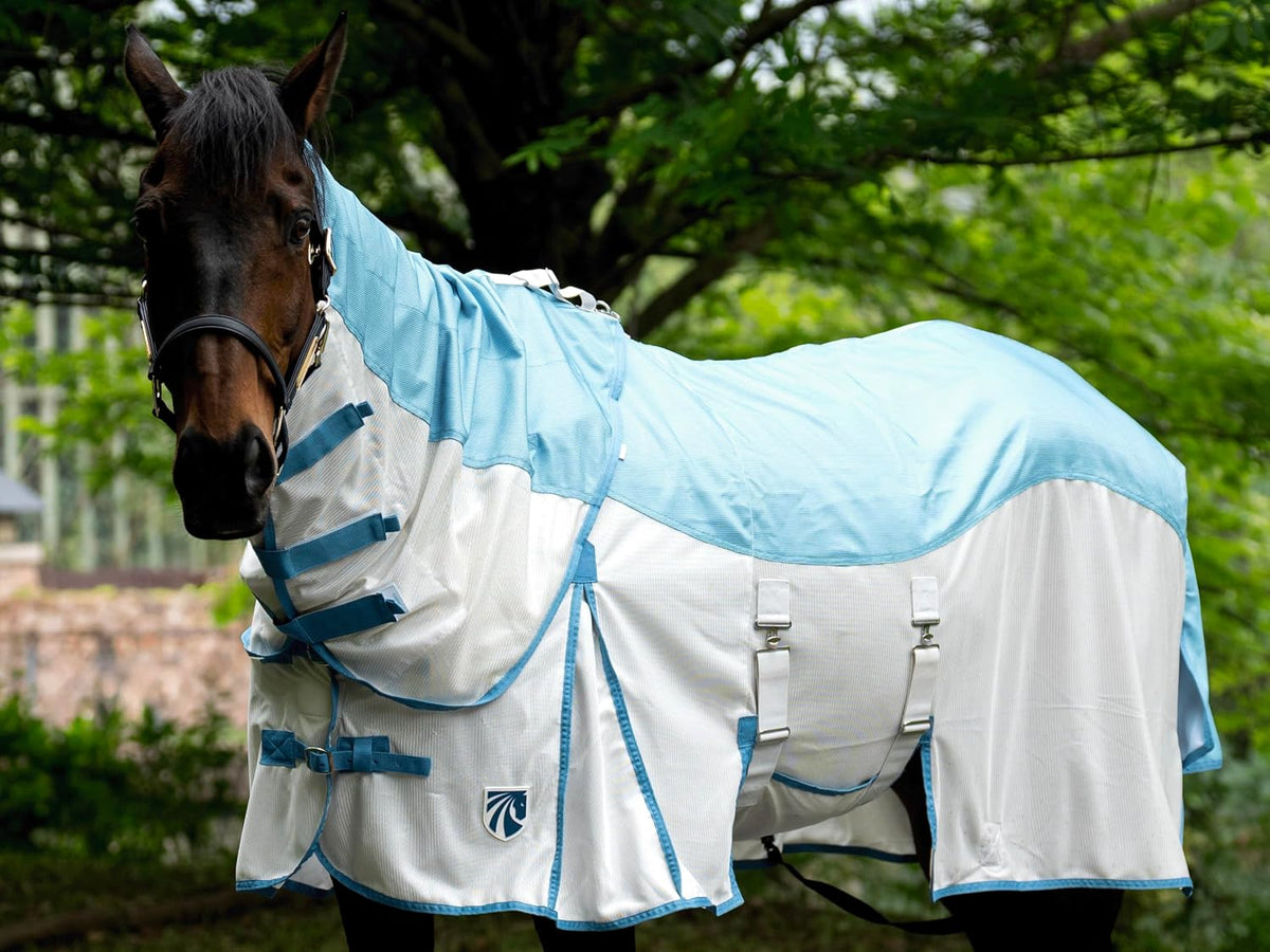 Mesh Horse Fly Sheet with Detachable Neck Cover | Dual-Zone UV Protection & Breathable Design | Elastic Webbing Belly Wrap & Leg Straps | Blue, 75 Inch
