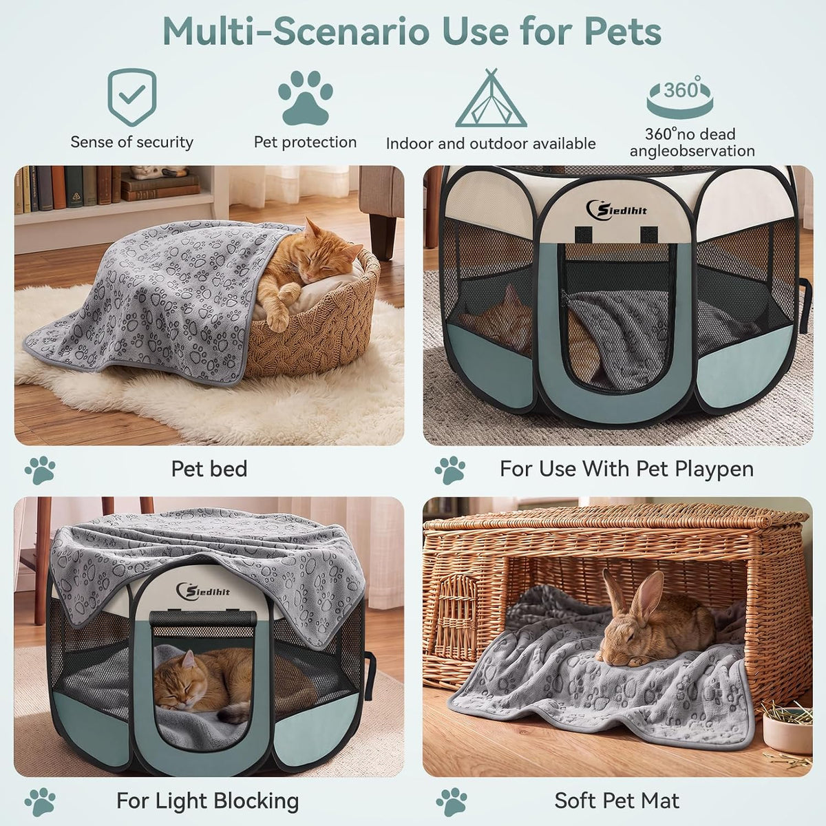 Sieidihit Dog Cat Playpen Tent Crate Cage With Blanket, Small Grey