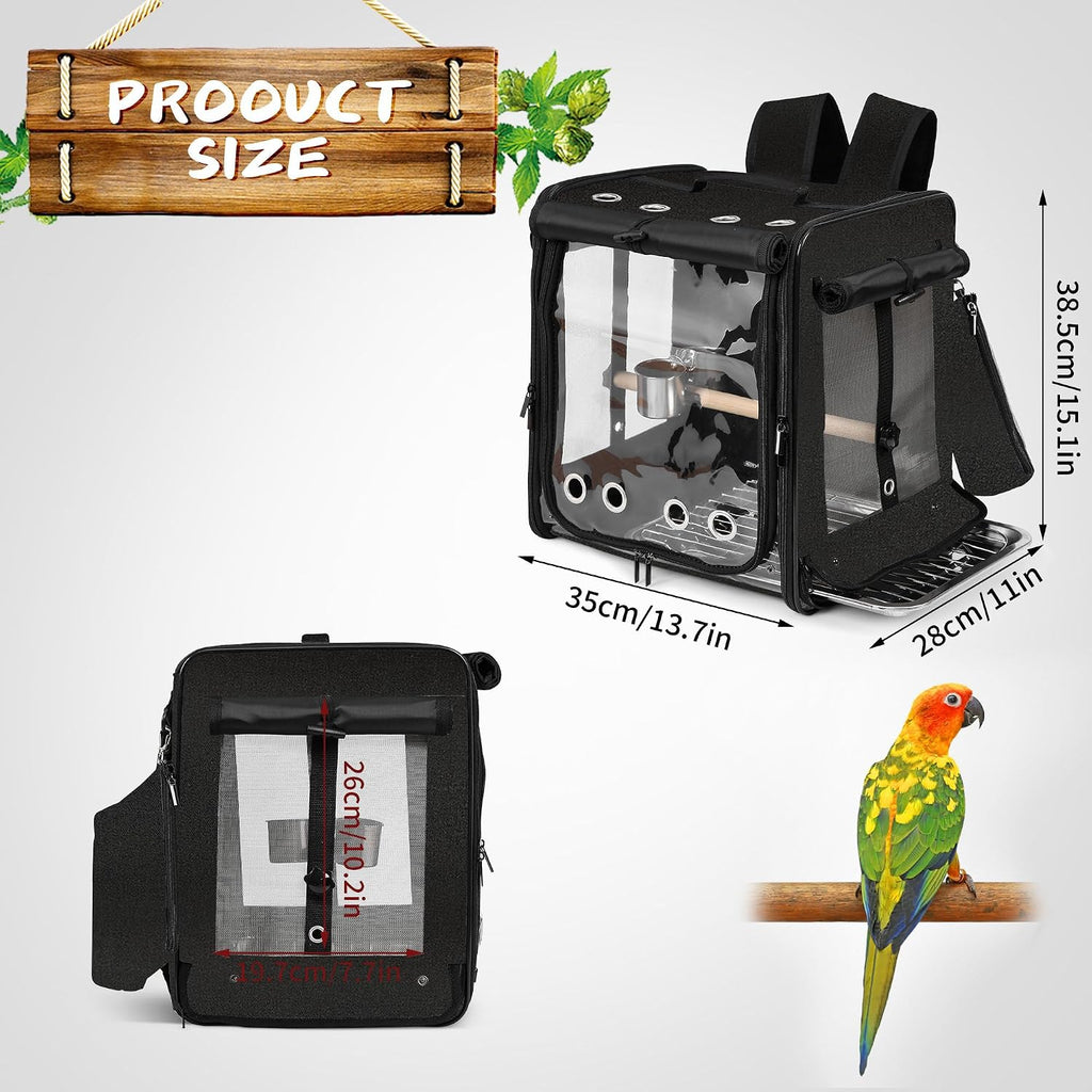 Bird Carrier with Seat Belt for Car Travel, Bird Backpack Carrier with Indestructible Stainless Steel Mesh, Large Bird Carrier Travel Cage, Black
