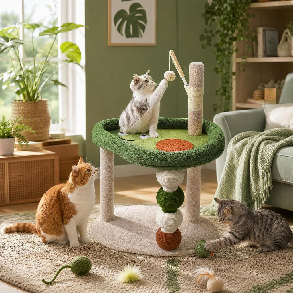 Small Cat Tree, 28" Cat Tower for Window Viewing, Beige and Green
