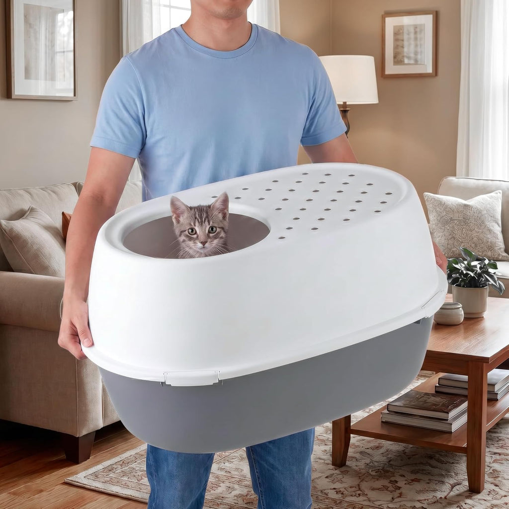 IRIS USA XX-Large Top Entry Cat Litter Box, Dog Proof, Gray/White
