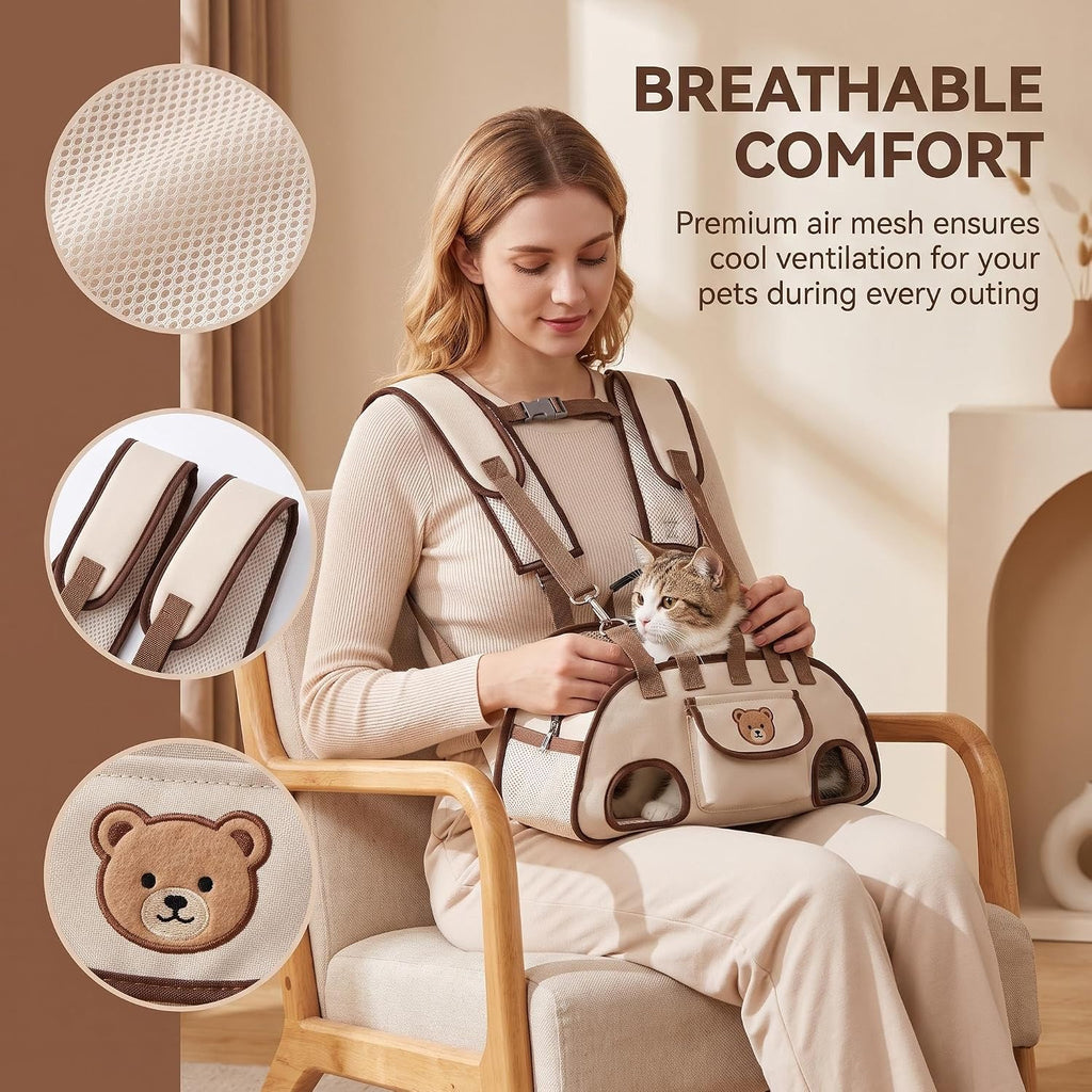 Dog Carrier Sling, Puppy Sling Carrier for Medium Dogs & Cats, Breathable Mesh Pet Shoulder Bag with Adjustable Strap & Pockets, for Outdoor Walking Travel (Beige, M)
