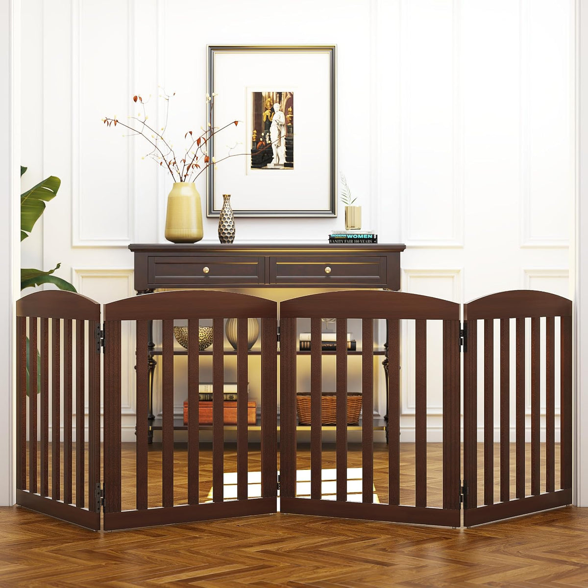 SPIRICH Wooden Freestanding Foldable Dog Gate, 96" Extra Wide 28" Tall