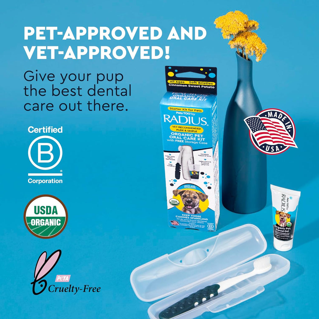 Radius USDA Organic Dental Solutions All Ages Dog Dental Kit 1 Unit, 1 Dog Toothbrush, 1 0.8oz Toothpaste, & 1 Travel Case, Firm Bristle & Non Toxic Toothpaste for Dogs