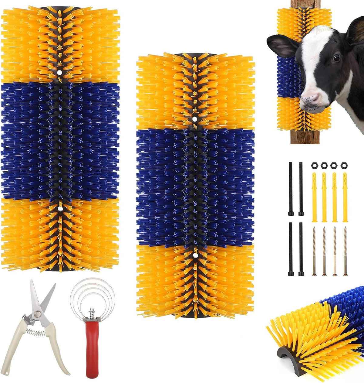 2 Pack Livestock Scratching Brushes, with Horse Comb & Trimming Shears, Large Soft Cow Scratcher, Goat Horse Scratching Post, Massage Brush for Horses, Sheep, Deer
