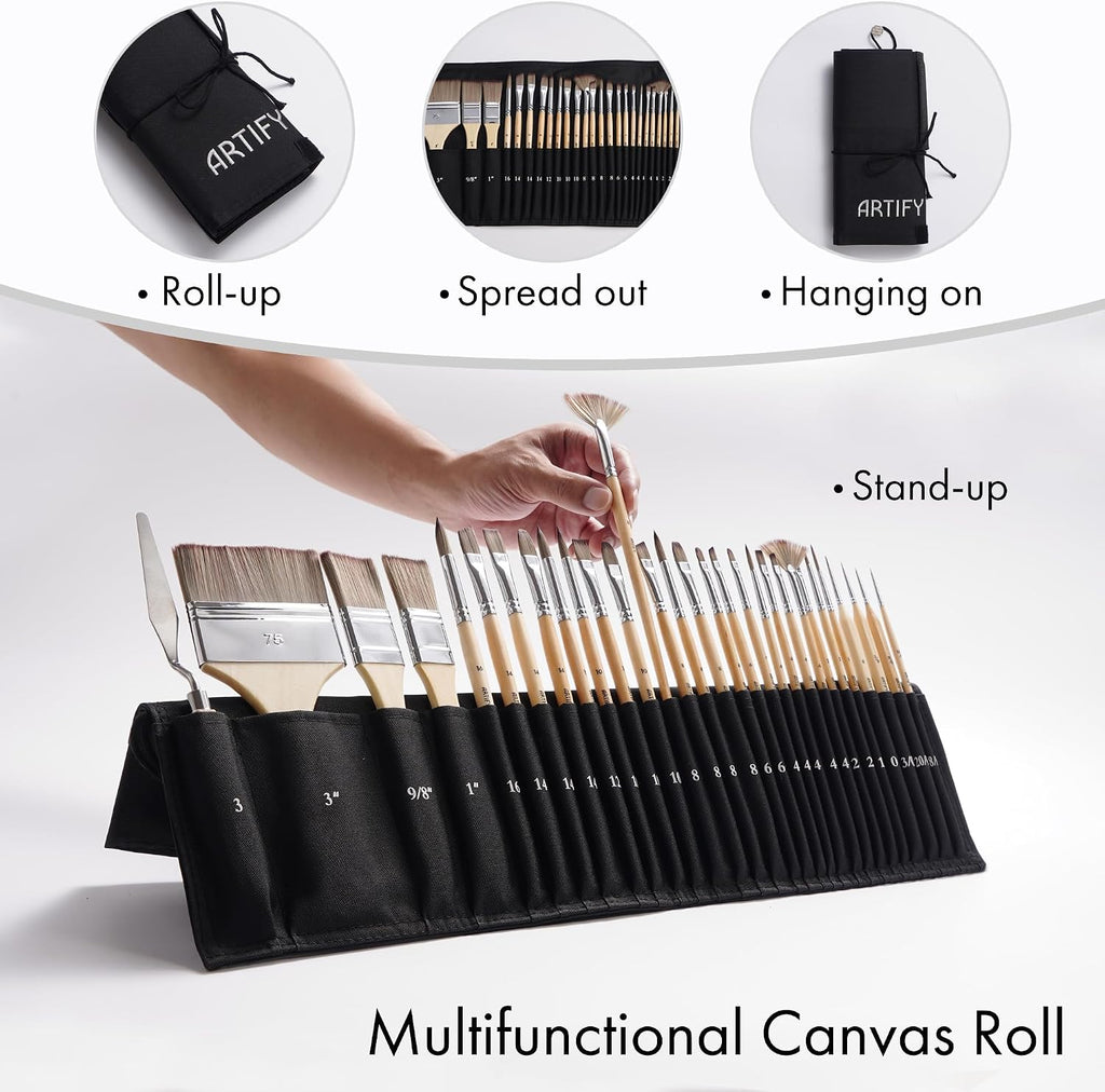 ARTIFY 30 Pieces Professional Paint Brush Set – Expert Series Synthetic Nylon Brushes for Acrylic, Oil, Watercolor, Gouache – No Shedding, Canvas Roll Case & Palette Knife, Artist Gifts Art Supplies