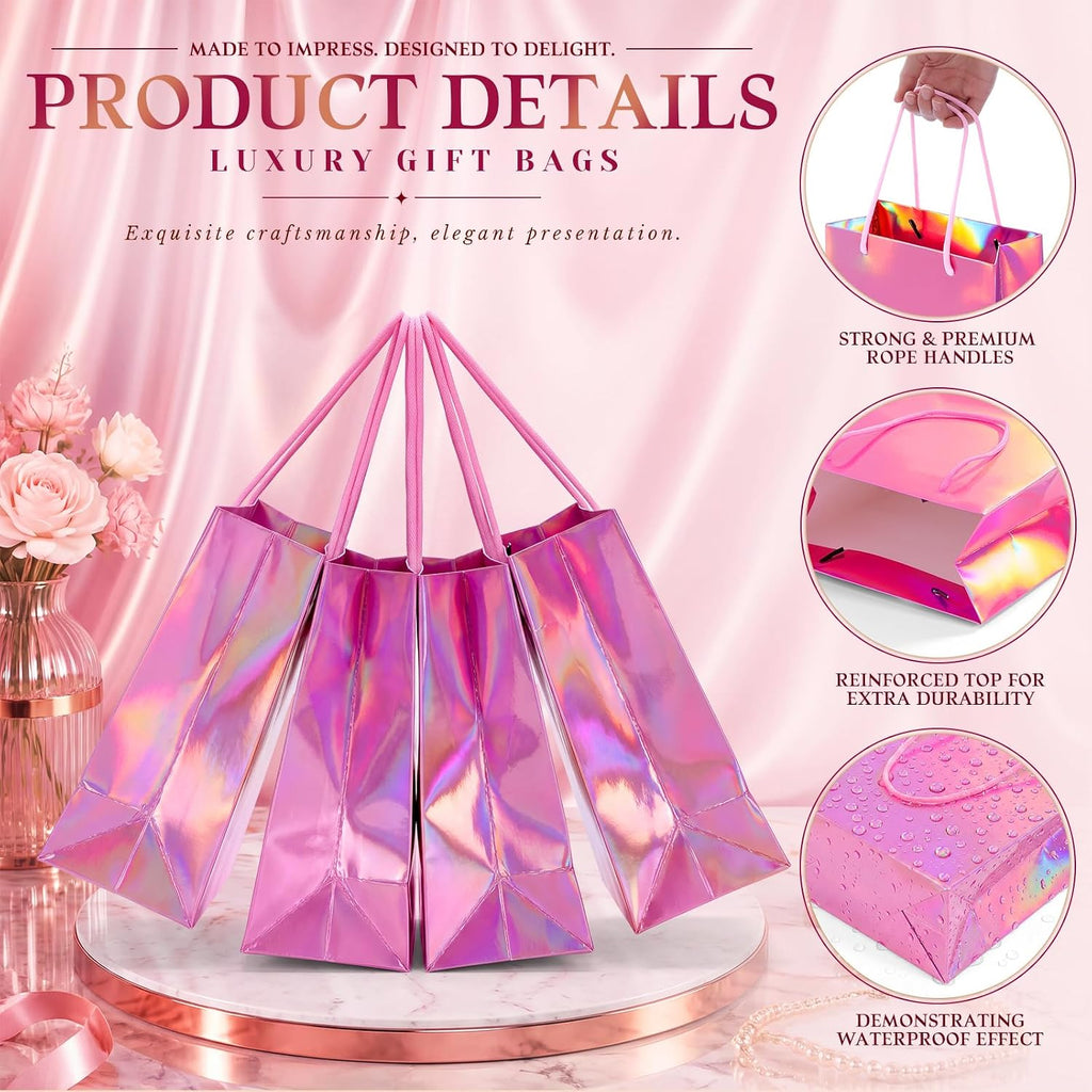 24 Pack Pink Gift Bags with Tissue Paper, Metallic Finish, Rope Handles