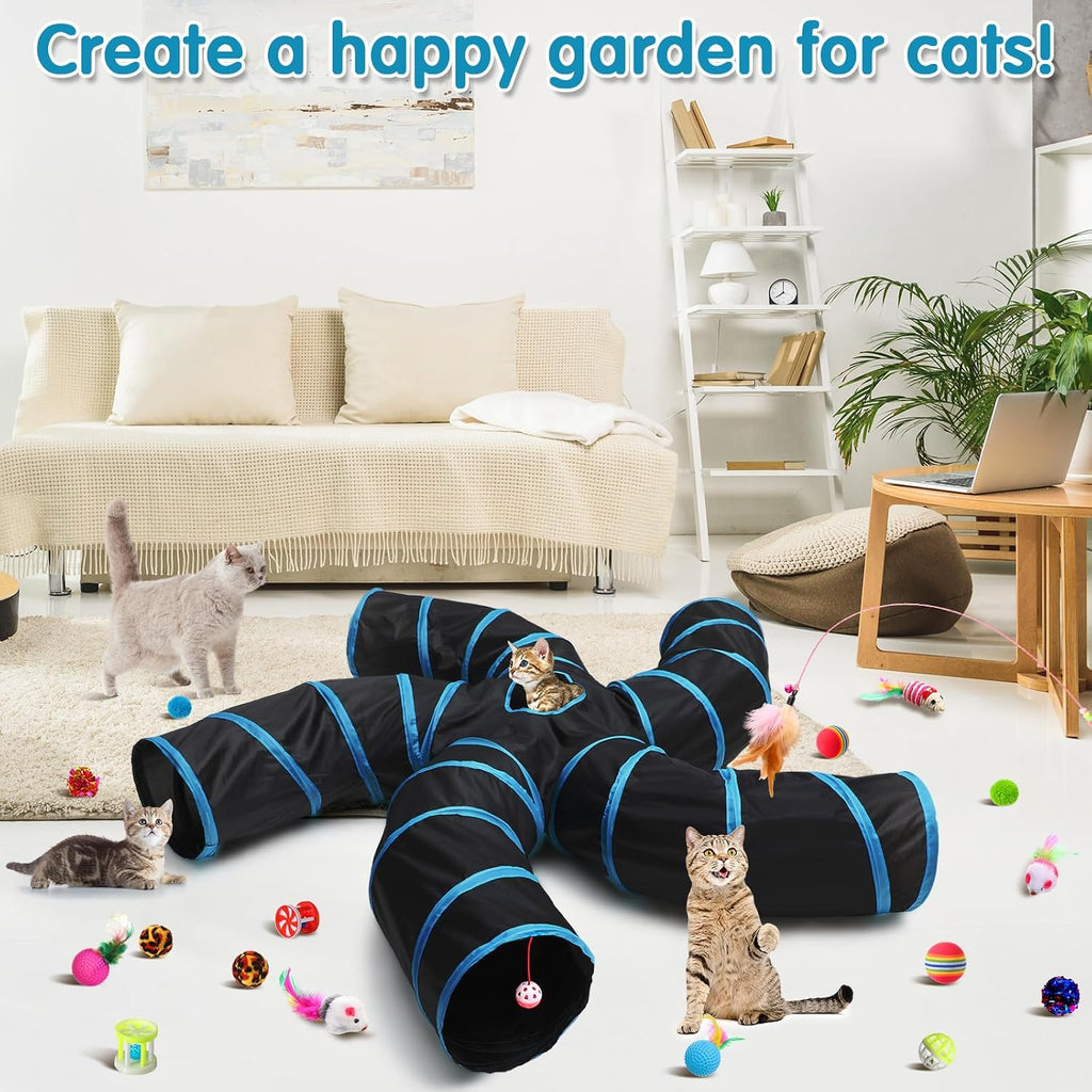 Poen 21 Pcs Cat Tunnels 5 Way Collapsible with 20 Toys Set, Blue Black