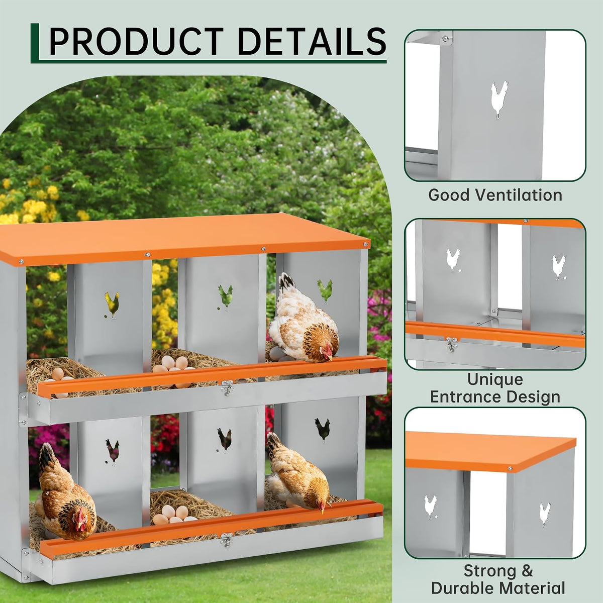 Chicken Nesting Boxes, Two-Tier Metal Chicken Egg Laying Box with 6 Compartments Large Vented Holes Chicken Coop for Egg Collection