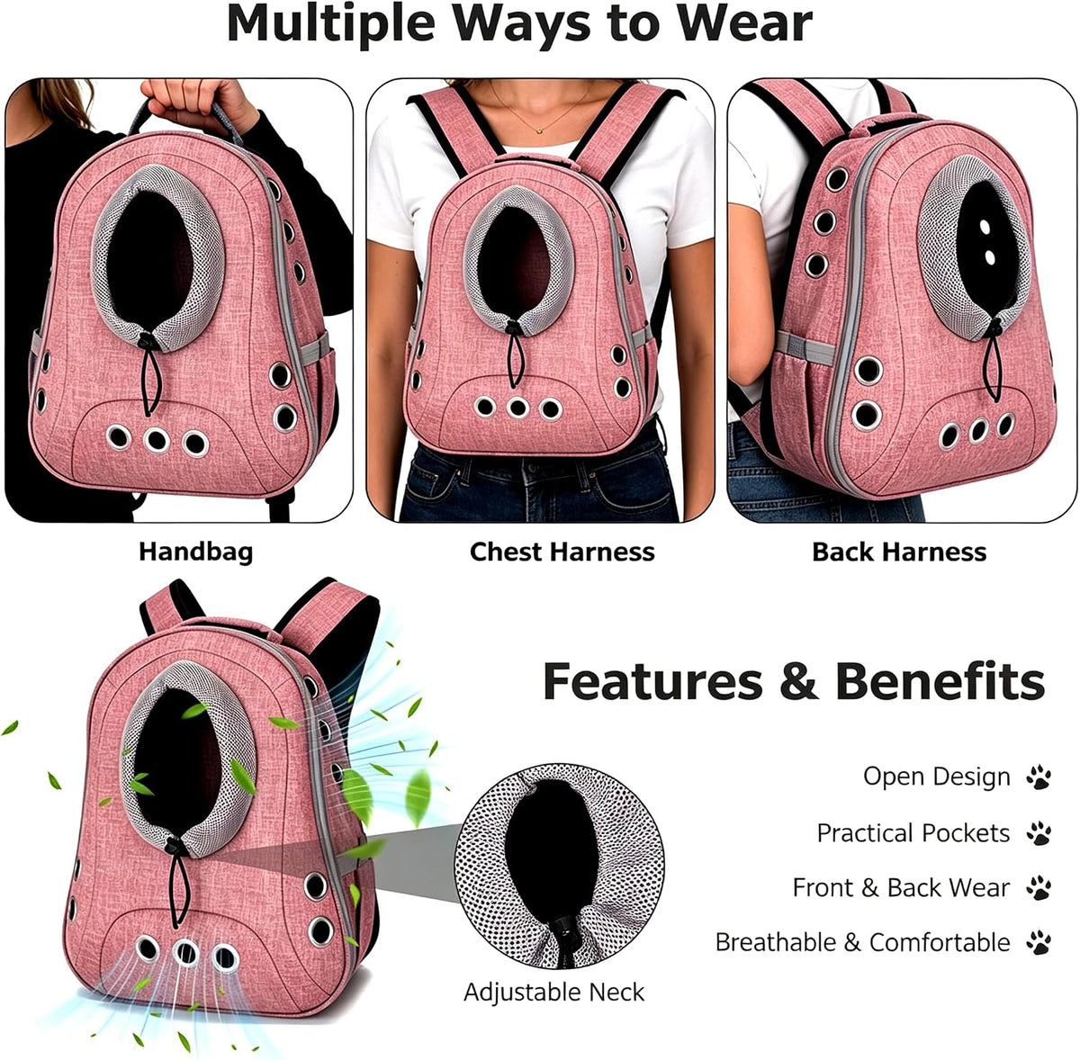 Small Dog Cat Chest Backpack Carrier,Large Space Ventilated Front Facing Backpack Carrier for Puppy,Lightweight Doggy Backpack for Hiking,Camping,Travel,Outdoor,Max 12 lbs(Pink)