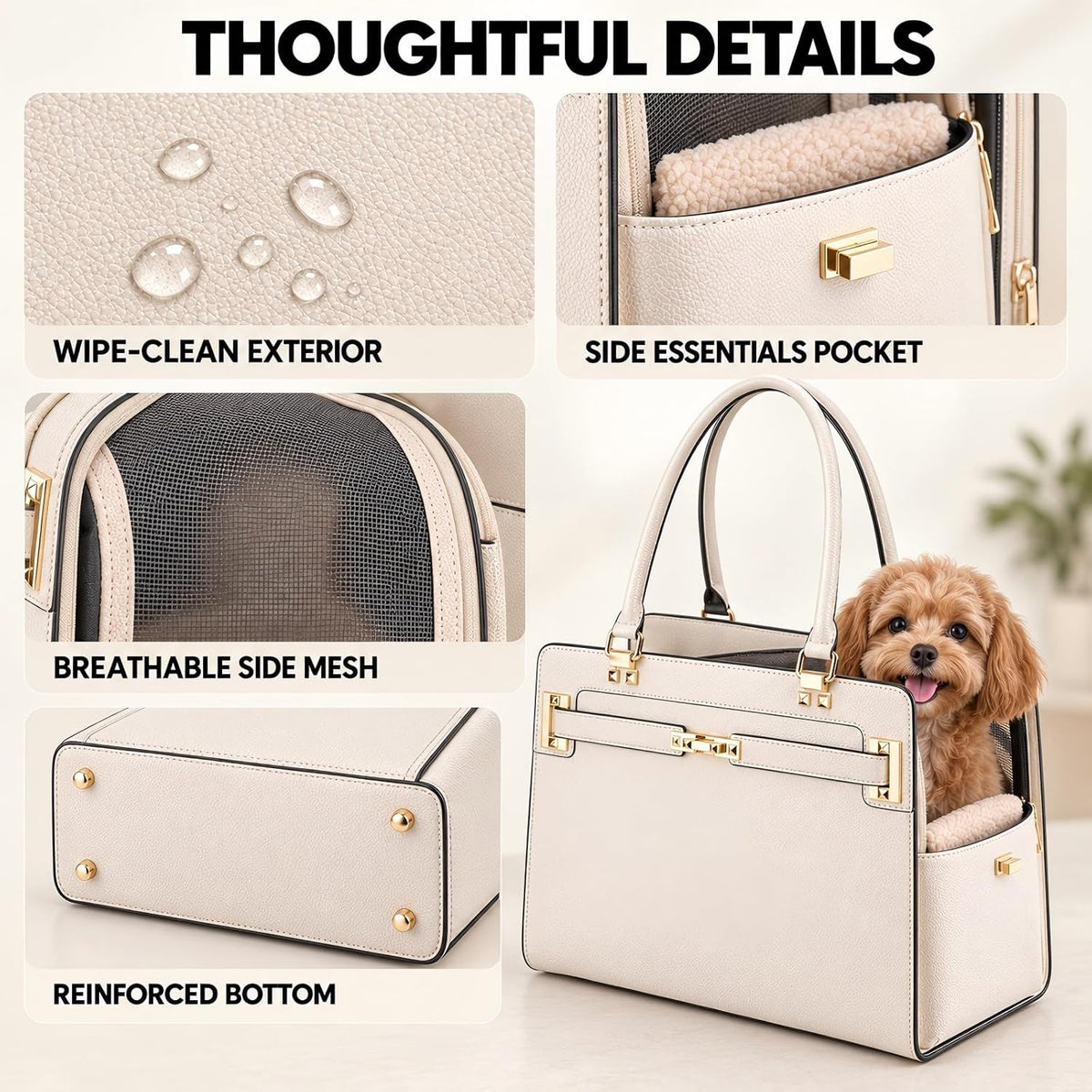 Dog Purse Carrier for Small Dogs, Stylish Foldable Pet Carrier Purse Tote Bag with Washable Cushion & Safety Leash, Airline Approved Puppy Travel Bag with Pockets (White)