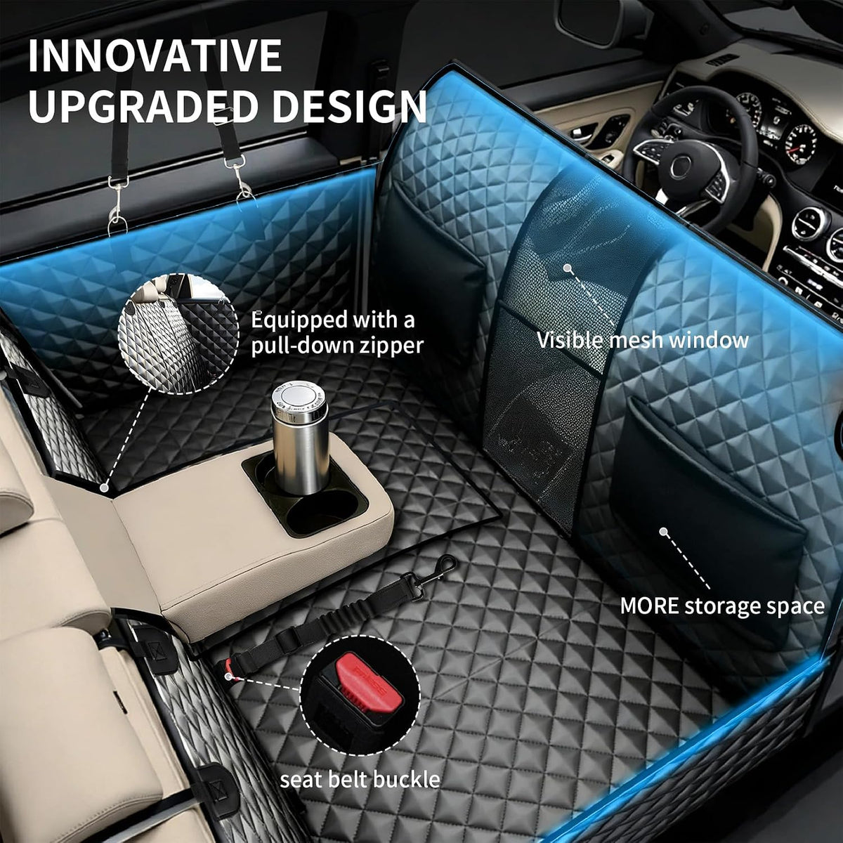 Garvee Back Seat Extender for Dogs, Hard Bottom Dog Seat Cover, Holds Up to 400 LB, Waterproof Backseat Cover Pet Hammock for Car, SUV, Truck, Easy to Use & Clean, Black