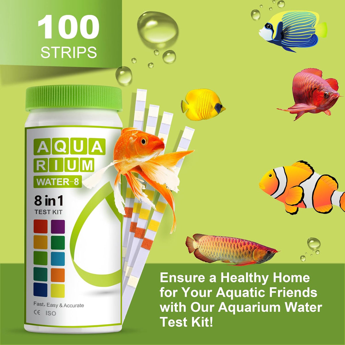 AAwipes Aquarium Ammonia Test Strips 8-in-1 |100 Strips | Quick & Accurate Water Testing for Freshwater & Saltwater Tanks -Test pH, Sodium Chloride, Alkalinity, Hardness, Chlorine etc. (K02-100)