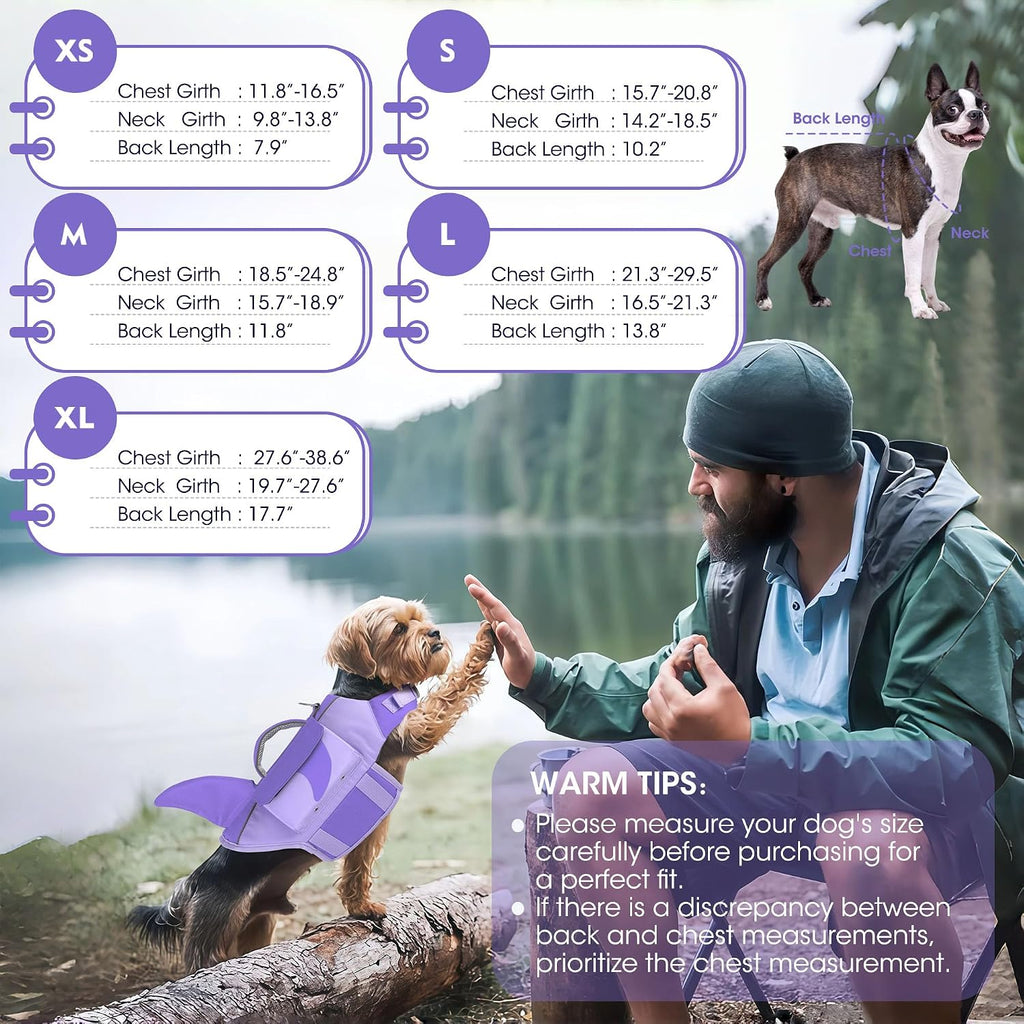 Dogcheer Shark Dog Life Jacket, High Buoyancy Dog Life Vest with Removable Foam Panels, Rescue Handle & Reflective Stripes, Dog Swimming Vest for Swim-Loving, Beginner, Senior & Weak Dogs, Purple XS
