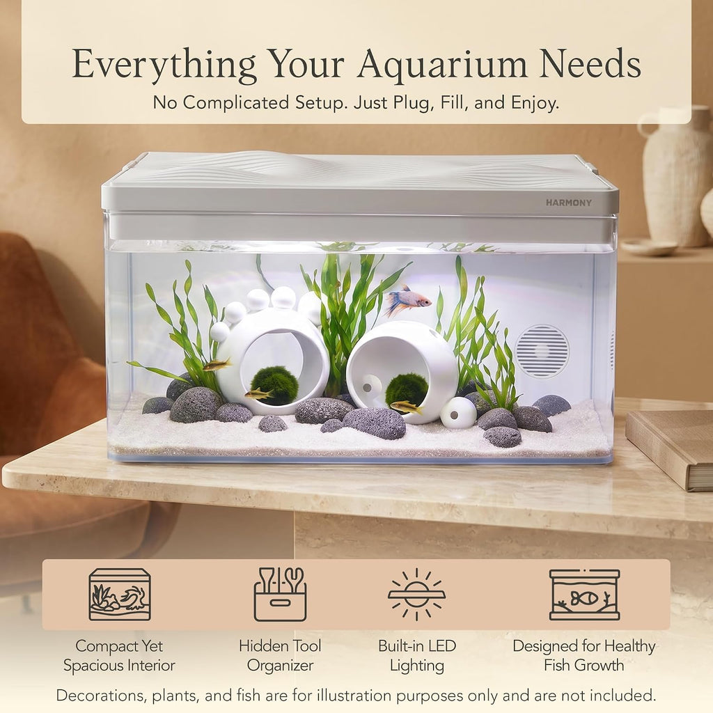 Harmony 8 Gallon All-in-One Aquarium Kit, Award-Winning Fish Tank with Lid, Integrated Filtration, LED Light, Low-Iron Glass, White Tank with White Top