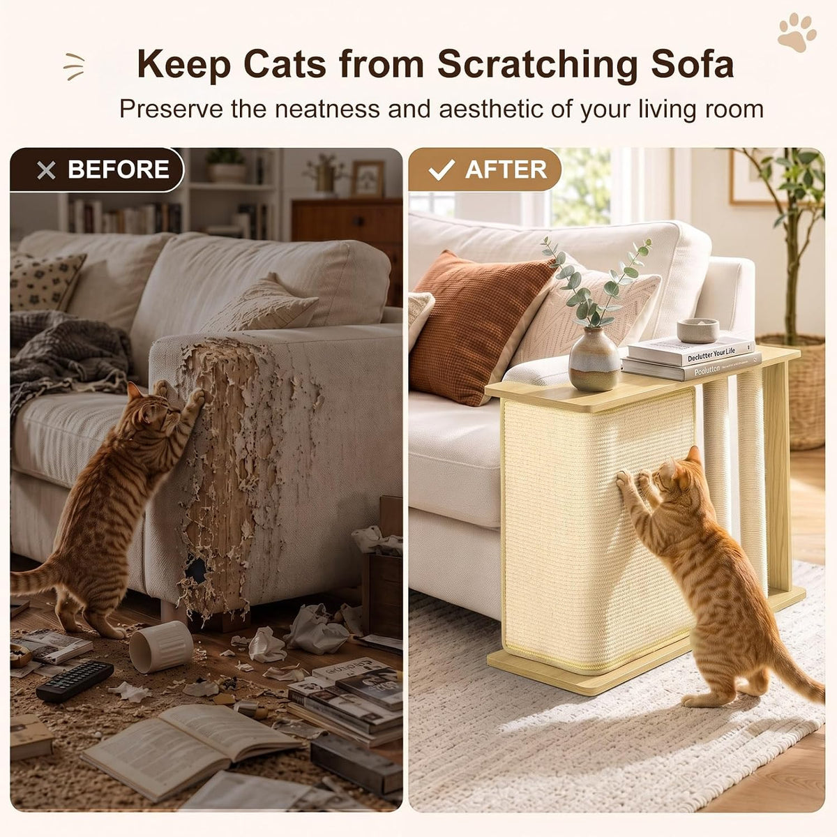 Cat Corner Side Table Scratcher, 3-in-1 Sofa Protector from Cat Claws with Scratching Post – Sturdy Wood Frame, Replaceable Sisal Pad, Fits Left/Right Sofa Arm, Odor-Free & Durable, Oak 23.5"H