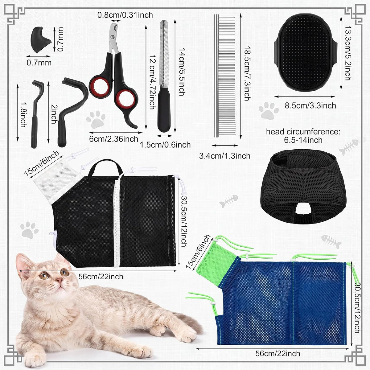 10 Pcs Cat Bathing Bag, Cat Shower Grooming Kit, Black and Blue