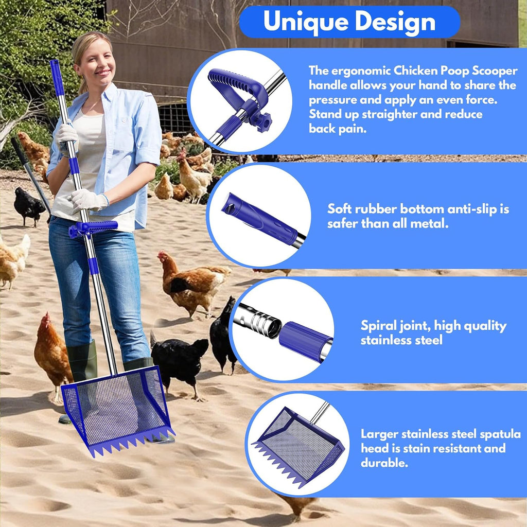 Chicken Poop Scooper Rake 2-in-1,304 Stainless Steel Shovel Head, Chicken Litter Scoop with Handle for Chicken Coop for Sand, Pet Waste Cleaning, Litter Sifting Shovel (35 to 65") (Blue, 10inch)