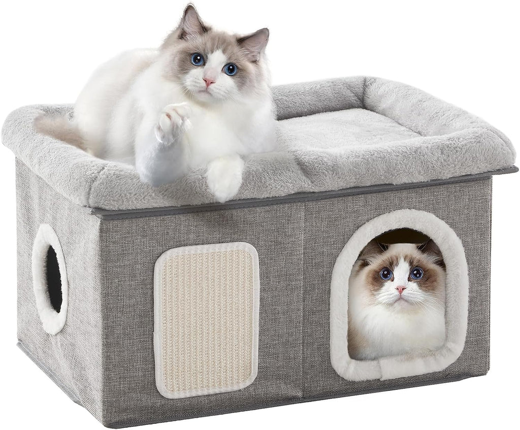 WINDRACING Cat Beds for Indoor Cats - Cat House for Pet and Foldable Cat Cave Bed with Scratch Pad, Cat Hideaway Condo for Kitten, 16.9x12.8x14.2 inches, Light Grey