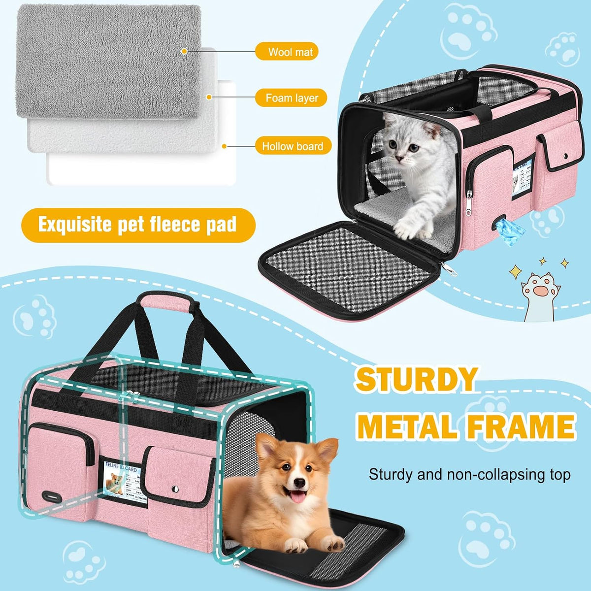 HUANLANG Large Cat Carrier Soft Sided Travel Pet Carrier Airline Approved