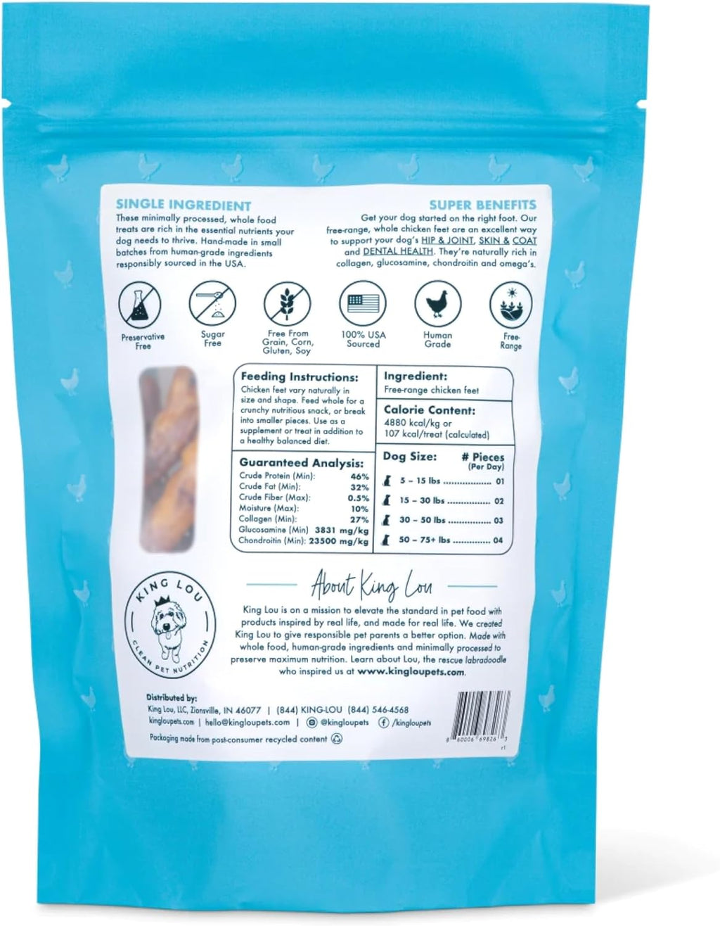King Lou Pets Whole Chicken Feet for Dogs, Dehydrated Treats, 10 Count