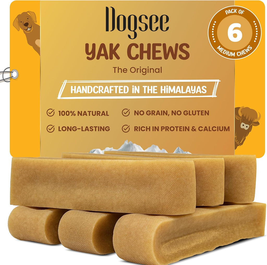 Dogsee Yak Chews for Dogs 1lb (Medium - 6 Bars), 100% All Natural, 60% Protein, Dog Treats Medium Breed, Yak Chews Long Lasting for Aggressive Chewers, Raw Hide Free