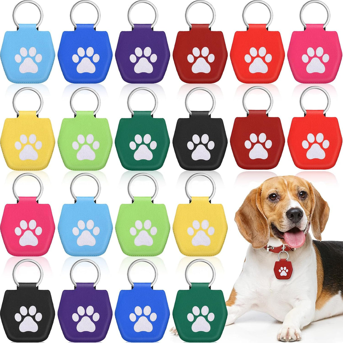 20 Pcs Dog Tag Silencer with Rings Portable Quiet Dog Holder Soundless Cover ID Tags Bag Protector for Cats Pets, White Paw Style