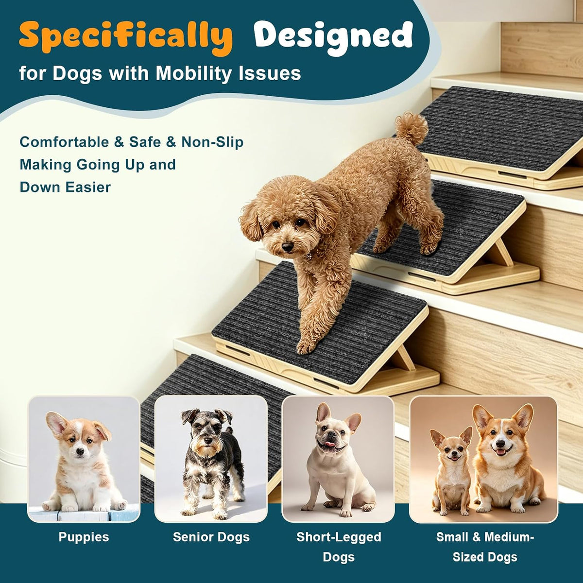4-Pack Small Dog Ramp for Stairs, Adjustable Gentle Low-Angle Wooden Pet Stair Wedges, Non-Slip Carpet Surface, No Assembly Portable Sturdy Pet Steps for Small Dogs, Senior, Injured, Short-Legged