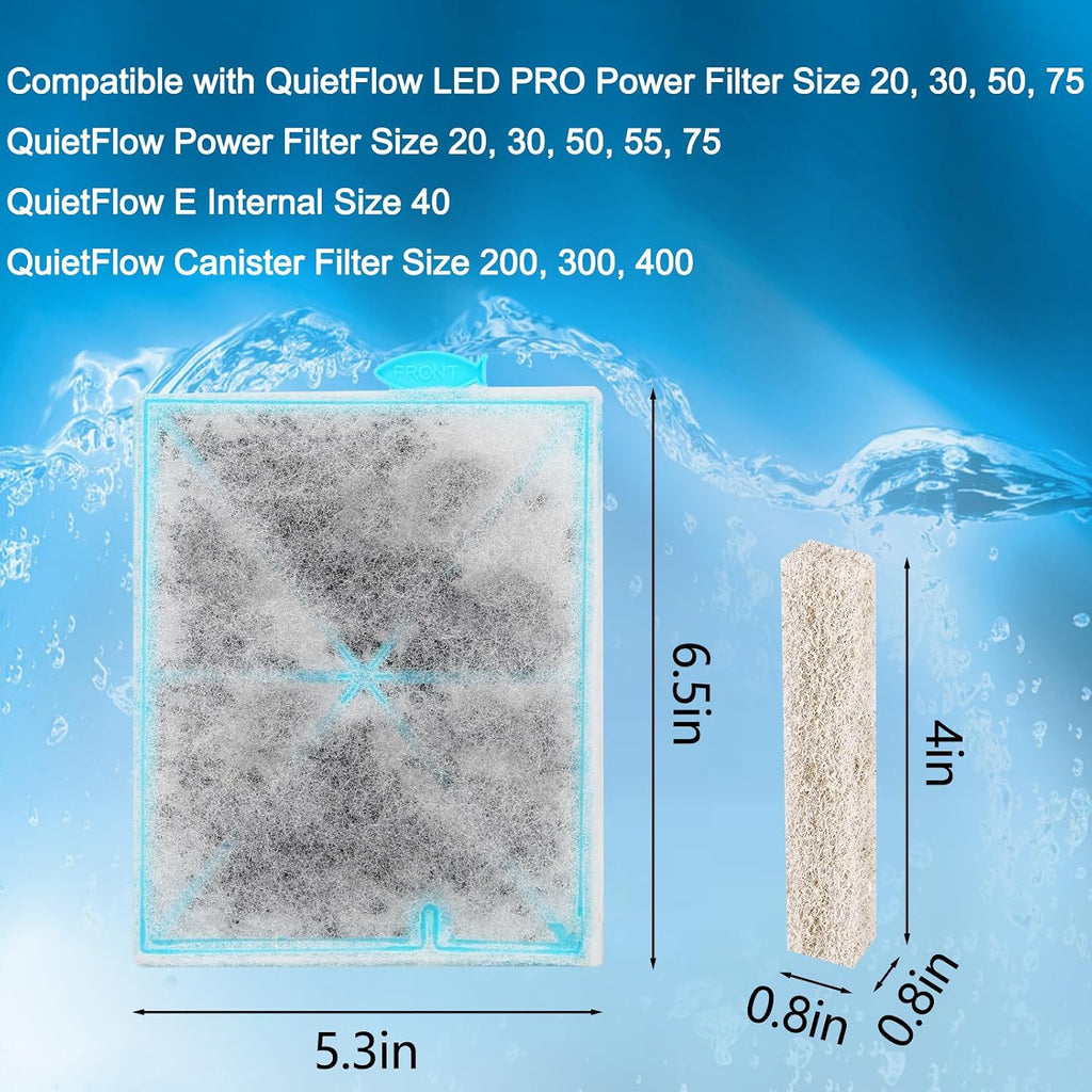 12 Pack Large Aquarium Filter Cartridges with 6 Filter Pads, Compatible with Aqueon QuietFlow LED PRO 20/30/50/75 & Power Filter 20/30/50/55/75, Activated Carbon & Zeolite Filter Replacement