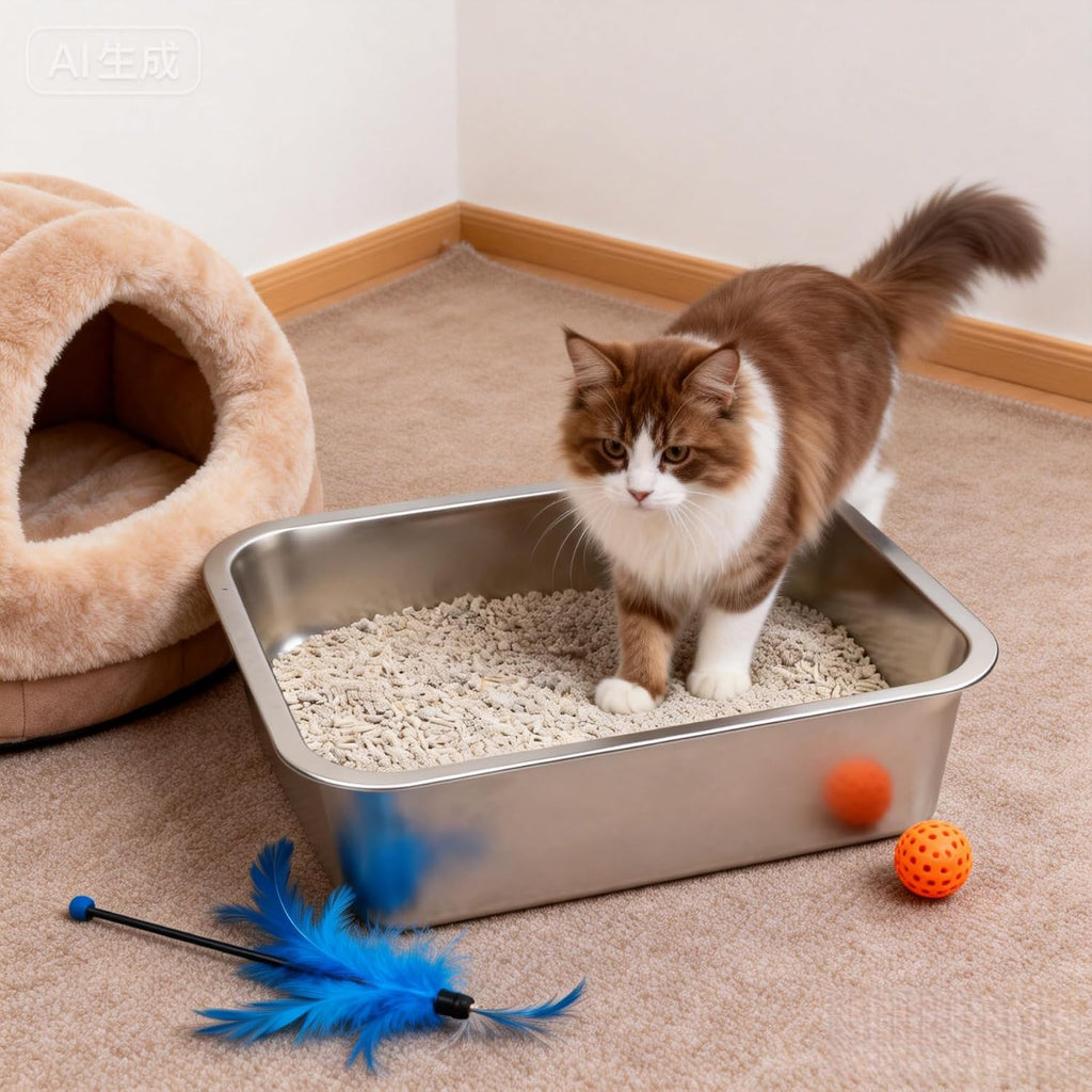 3 Pcs Stainless Steel Rabbit Litter Box with Scoop & Non-Slip Feet Mats, Easy Clean Metal Pan for Rabbits Cats Small Animal, No Smell, Non Stick, 4In Low Entry (L+M+S)