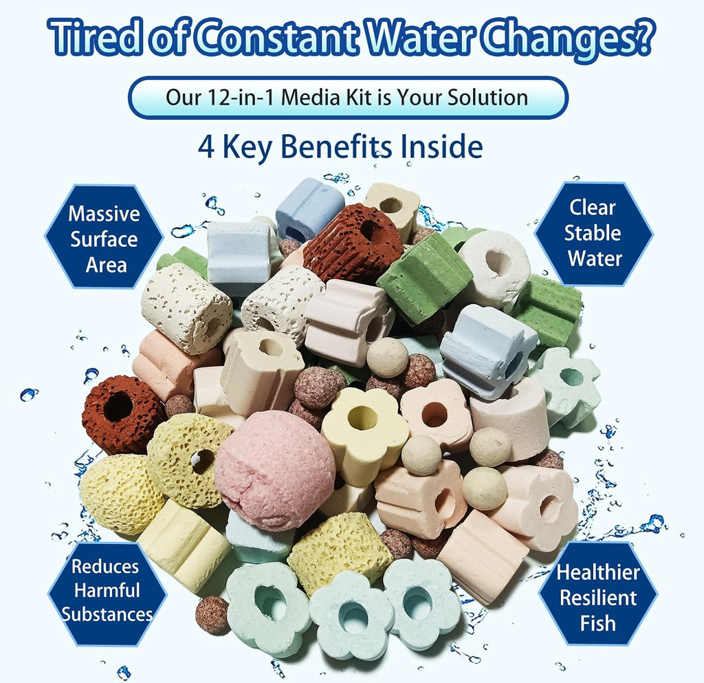 2lb 12-in-1 Bio Filter Media Kit - Bio Balls, Ceramic Rings for Aquarium