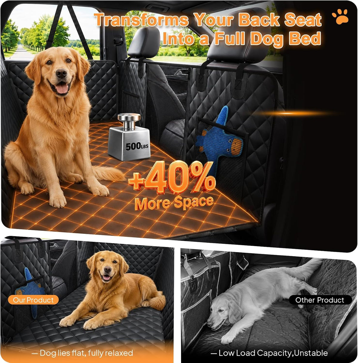 Hard Bottom Dog Car Seat Cover, Back Seat Extender for Dogs Holds 500lbs