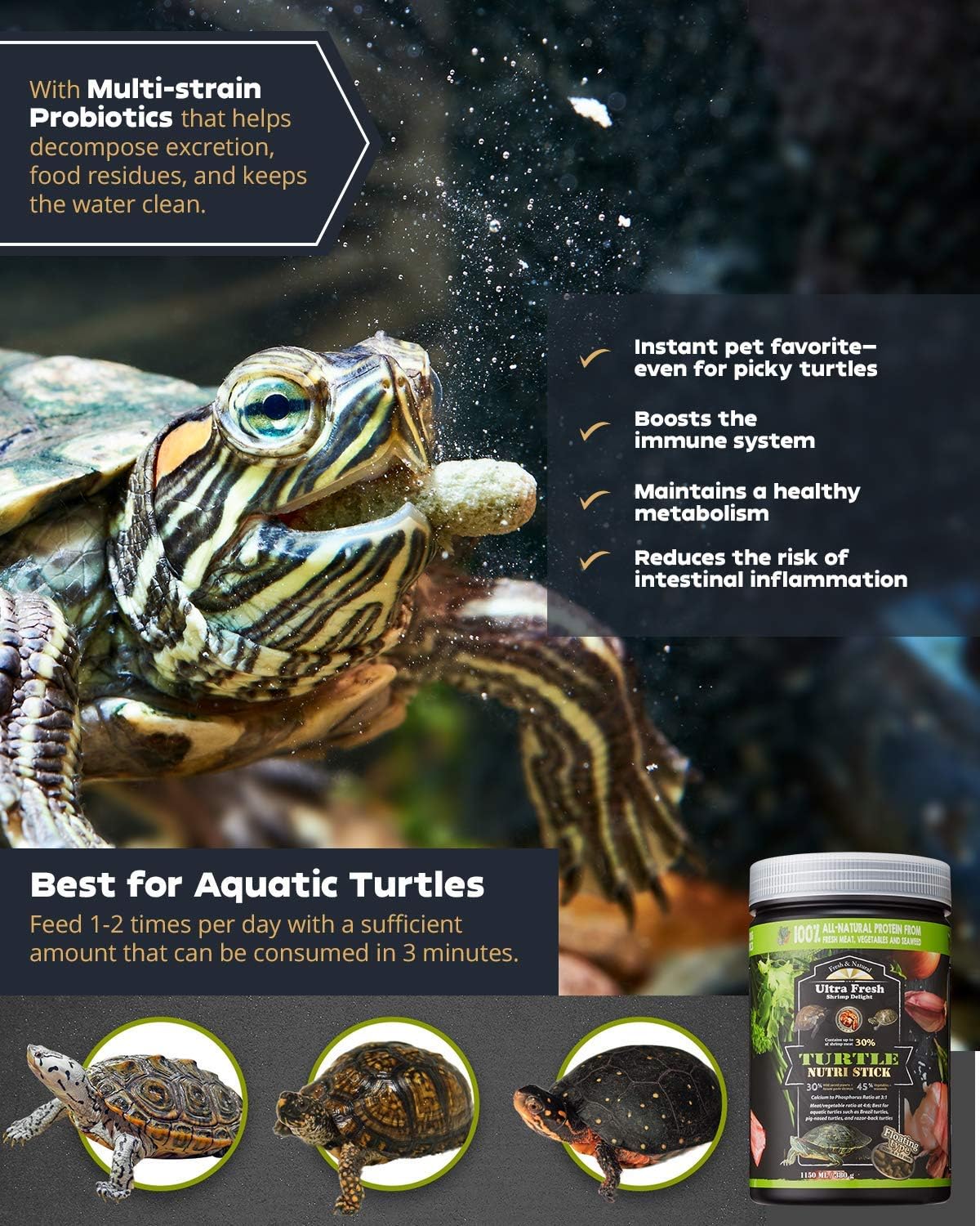 Ultra Fresh - Turtle Nutri Stick, Wild Sword Prawn, Calcium & Vitamin D Enriched Aquatic Turtle Food with Probiotics for Picky Turtles, Made from All Natural Ingredients 13.4 oz