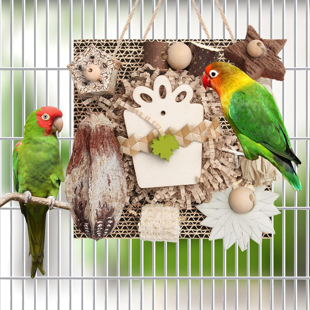 Kyouki Bird Play & Foraging Bundle - Wooden Perch Gym with Mirror/Ladder & Chewable Cardboard Foraging Toy for Parakeets, Cockatiels, Lovebirds, Conures & Small/Medium Parrots